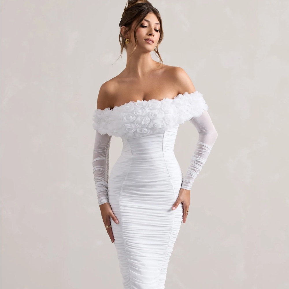 Club L London Sierra White Mesh Ruched Floral